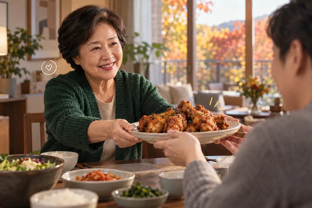 초록색 가디건을 입은 여성이 웃으며 바삭한 치킨 통다리 접시를 가족에게 건넨다.