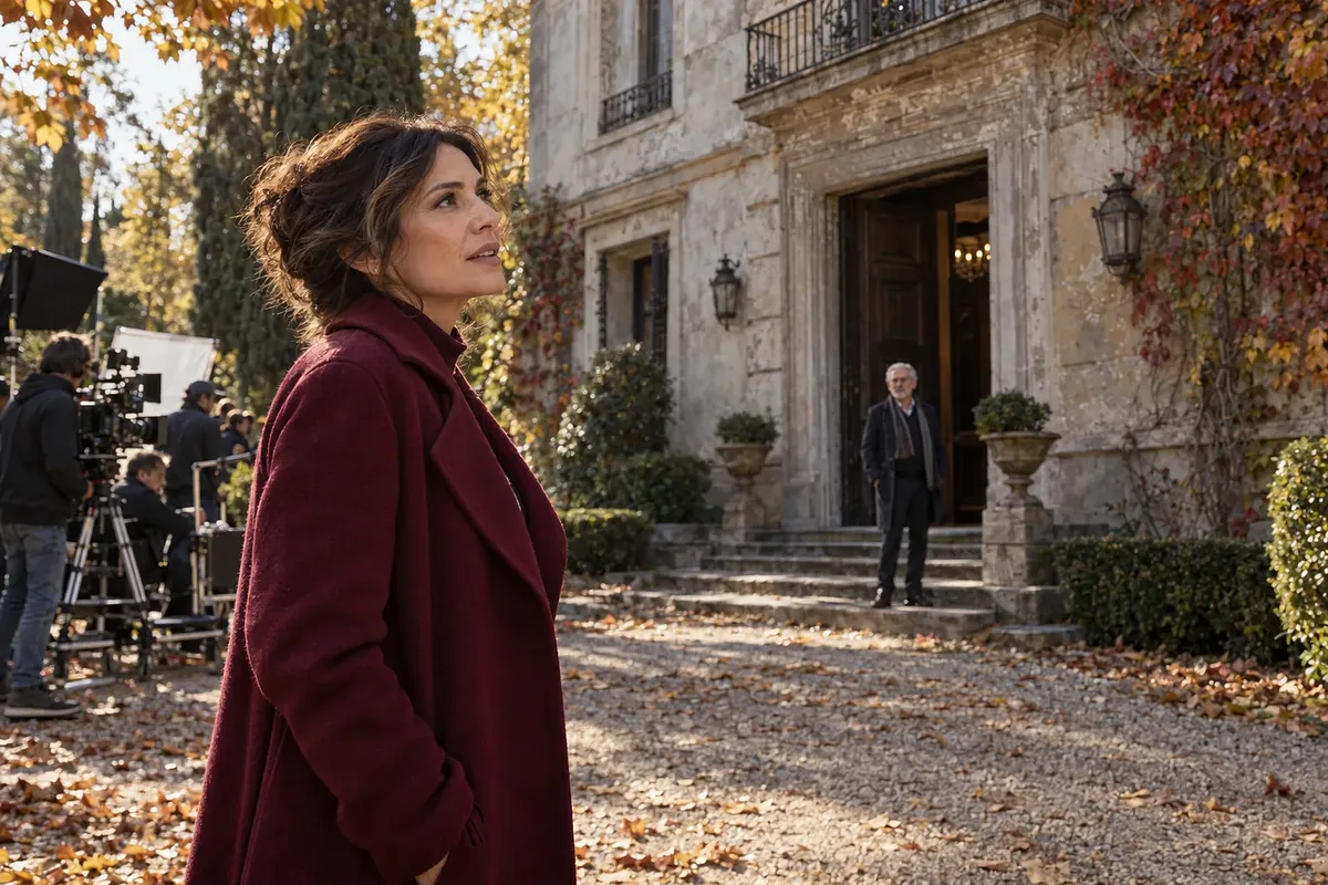 A woman in a burgundy coat studies a mansion as an older man stands at the entrance and a film crew works nearby.