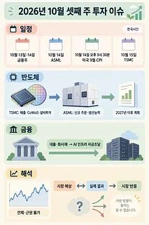 10월 셋째 주 발표 일정과 반도체·금융주 실적, 물가 지표의 해석을 정리한 투자 인포그래픽