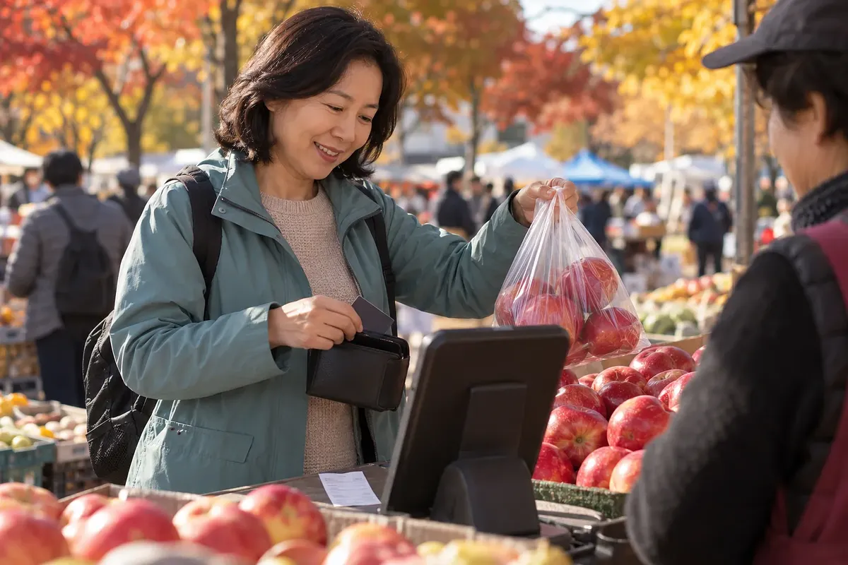 At an outdoor market, a traveler puts a card into a wallet while holding a bag of apples.