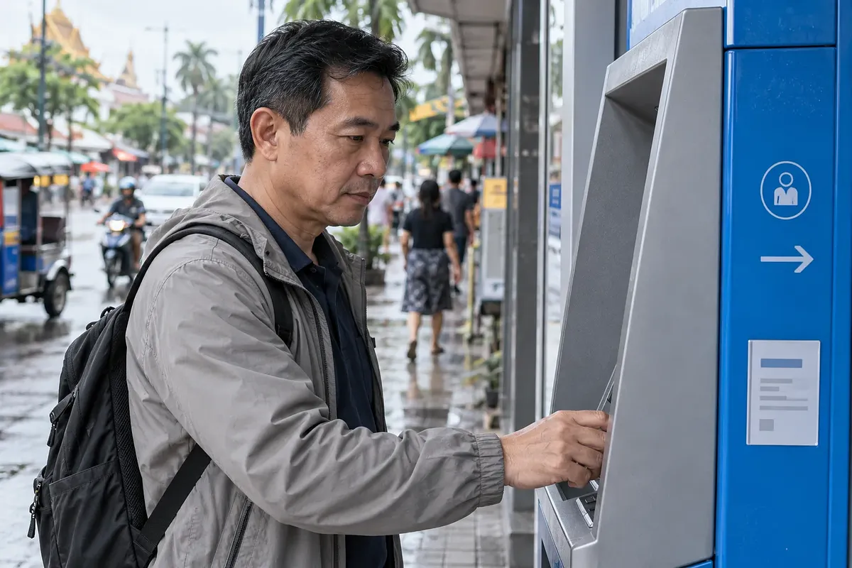 Middle-aged man in a gray jacket using a street ATM beside a wet sidewalk