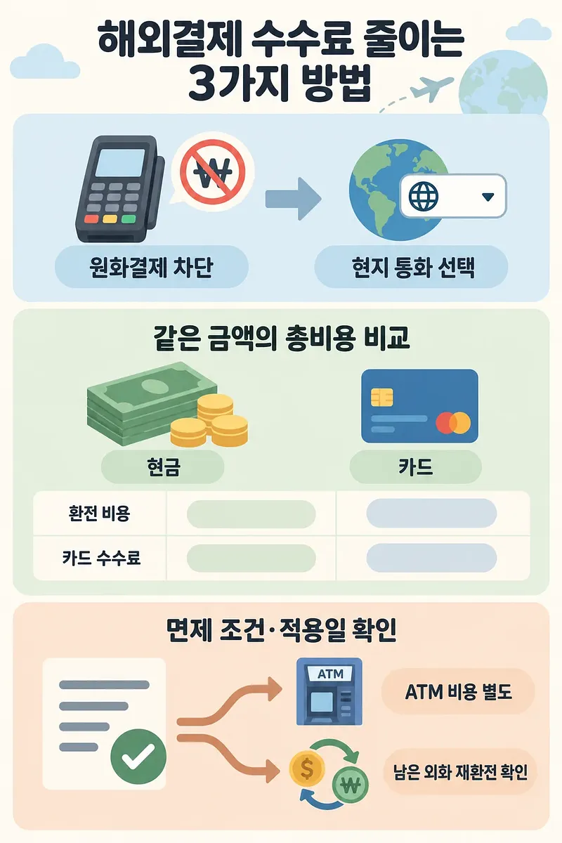 원화결제 차단과 현지 통화 선택, 현금·카드 비용 비교, ATM·재환전 확인을 담은 안내 그래픽