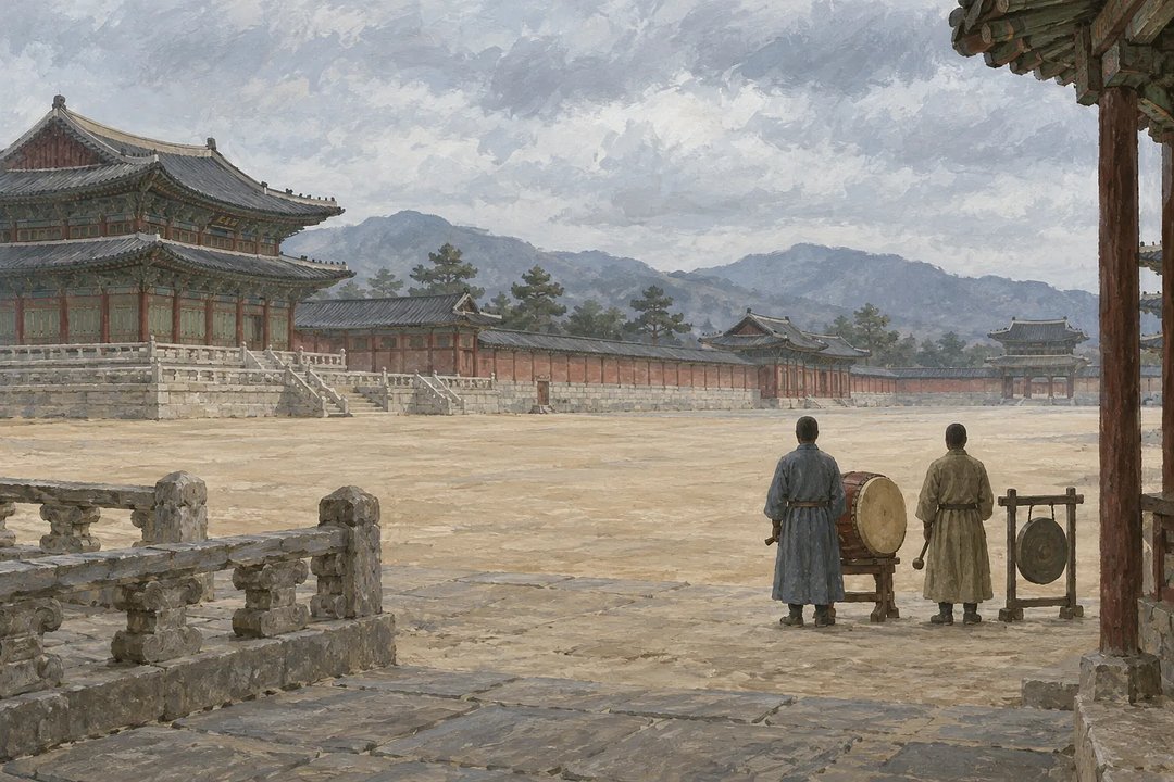 넓은 궁궐 뜰에서 북과 징 옆에 두 수행원이 등을 보이고 서 있다.