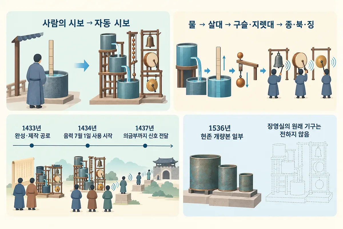 자격루의 수동·자동 시보, 작동 과정, 연표, 현존 누기와 사라진 원형을 담은 네 칸 도해