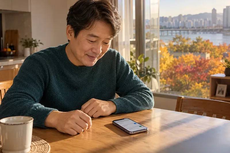 식탁에 놓인 휴대전화 화면을 미소 지으며 바라보는 청록색 스웨터 차림의 남성