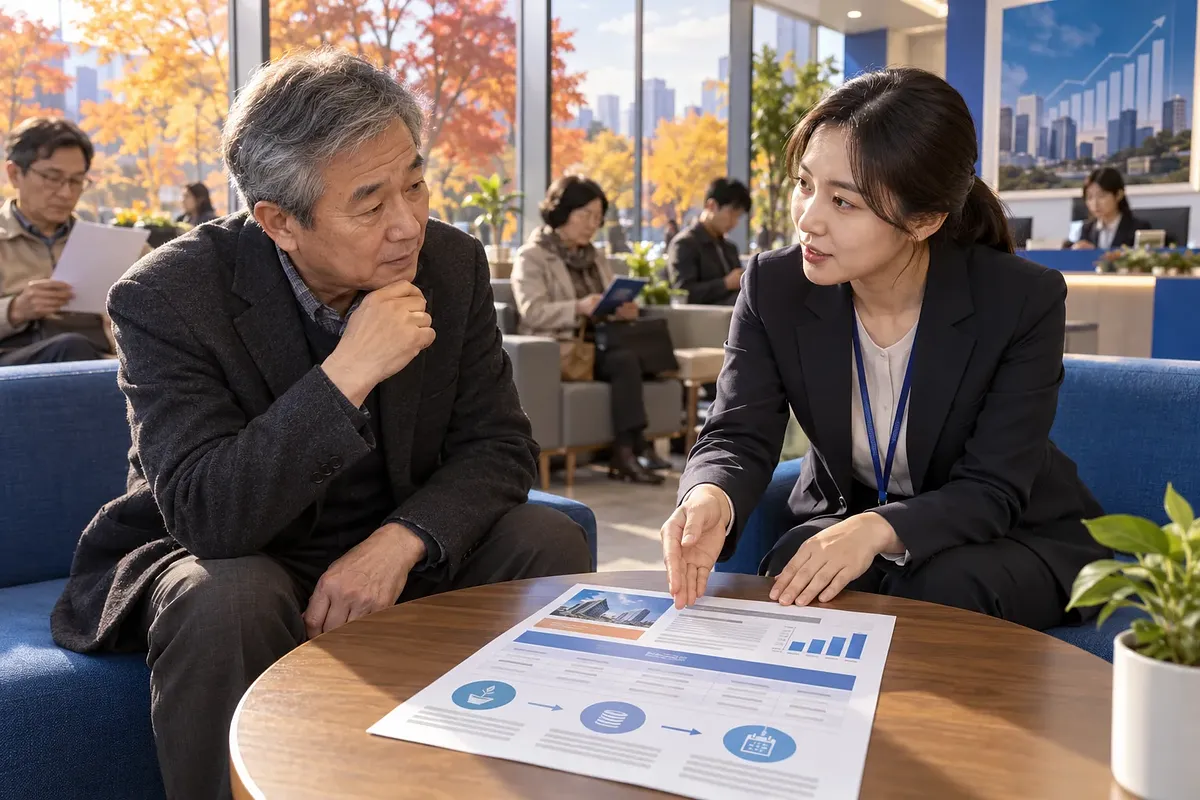 In a brokerage office overlooking autumn trees, an employee points to a document while speaking with an older man.