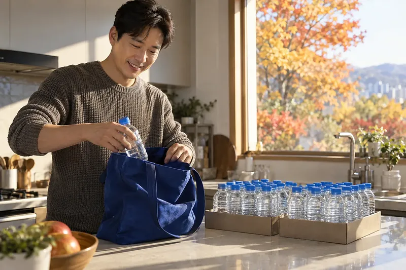 주방에서 남성이 파란 가방에 무라벨 생수병을 넣고 있고, 옆에 파란 뚜껑의 생수병 두 상자가 놓여 있다.
