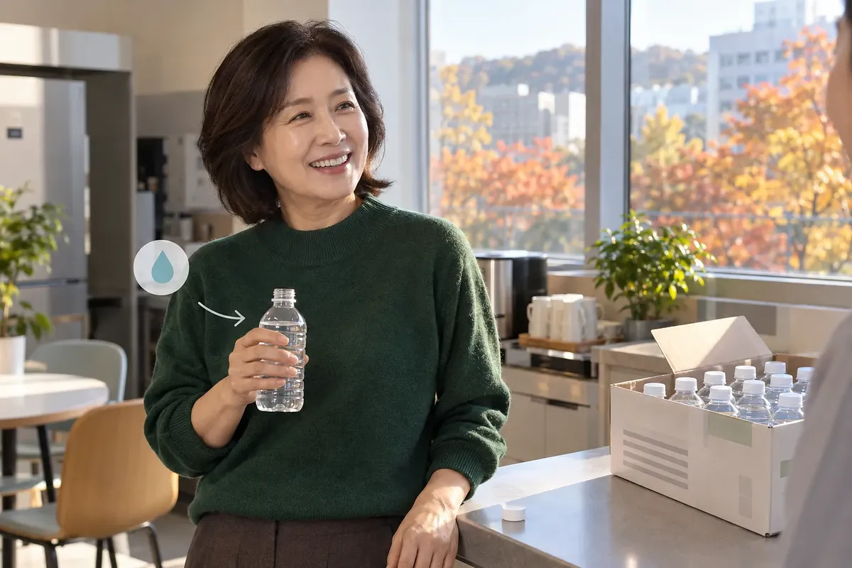 A smiling woman holds an open, label-free water bottle beside a box of bottles in an office break room.