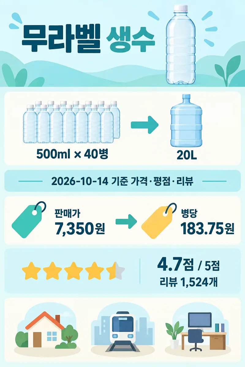 Infographic showing 40 unlabeled 500 ml water bottles totaling 20 L, with price and rating