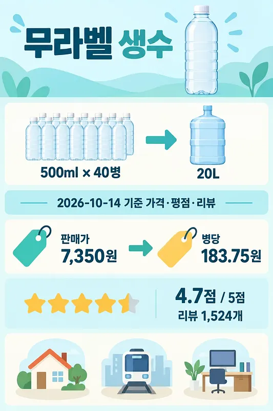 Infografía de 40 botellas de agua sin etiqueta de 500 ml que suman 20 L, con precio y valoración