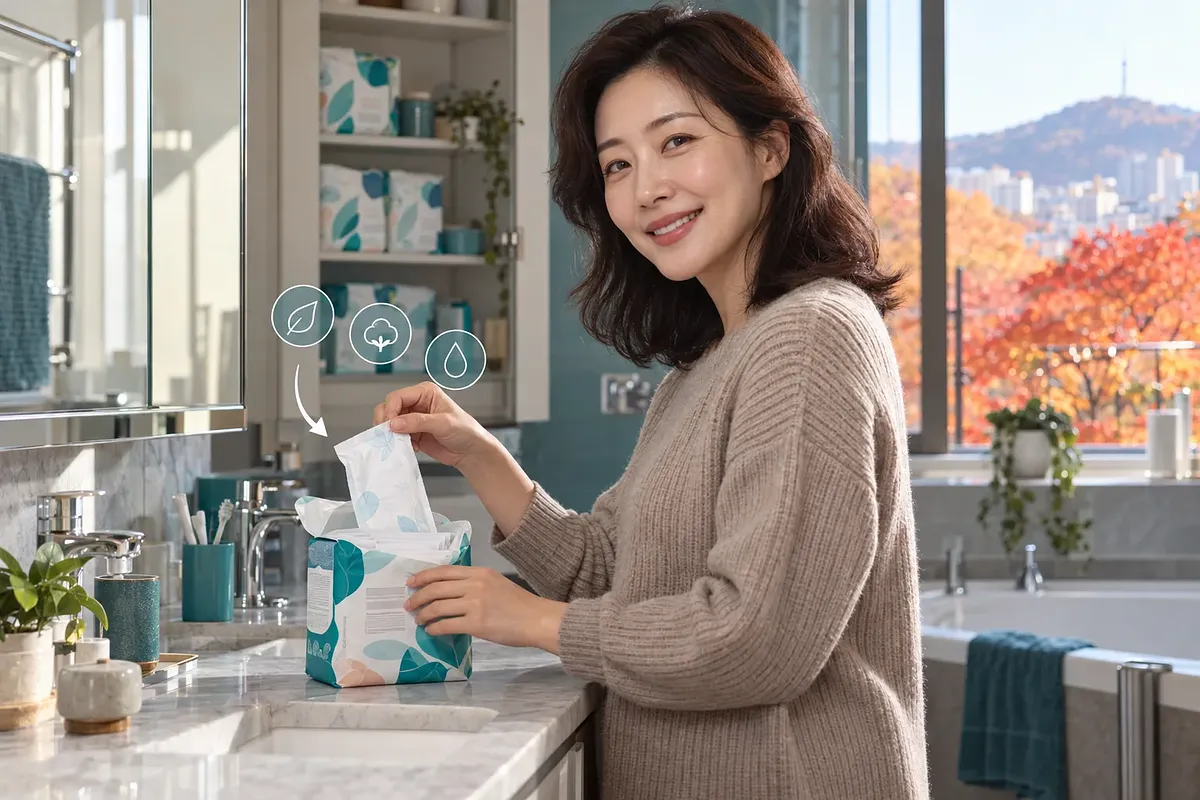 욕실에서 여성이 열린 생리대 팩에서 개별 포장된 생리대를 꺼내고 있다.