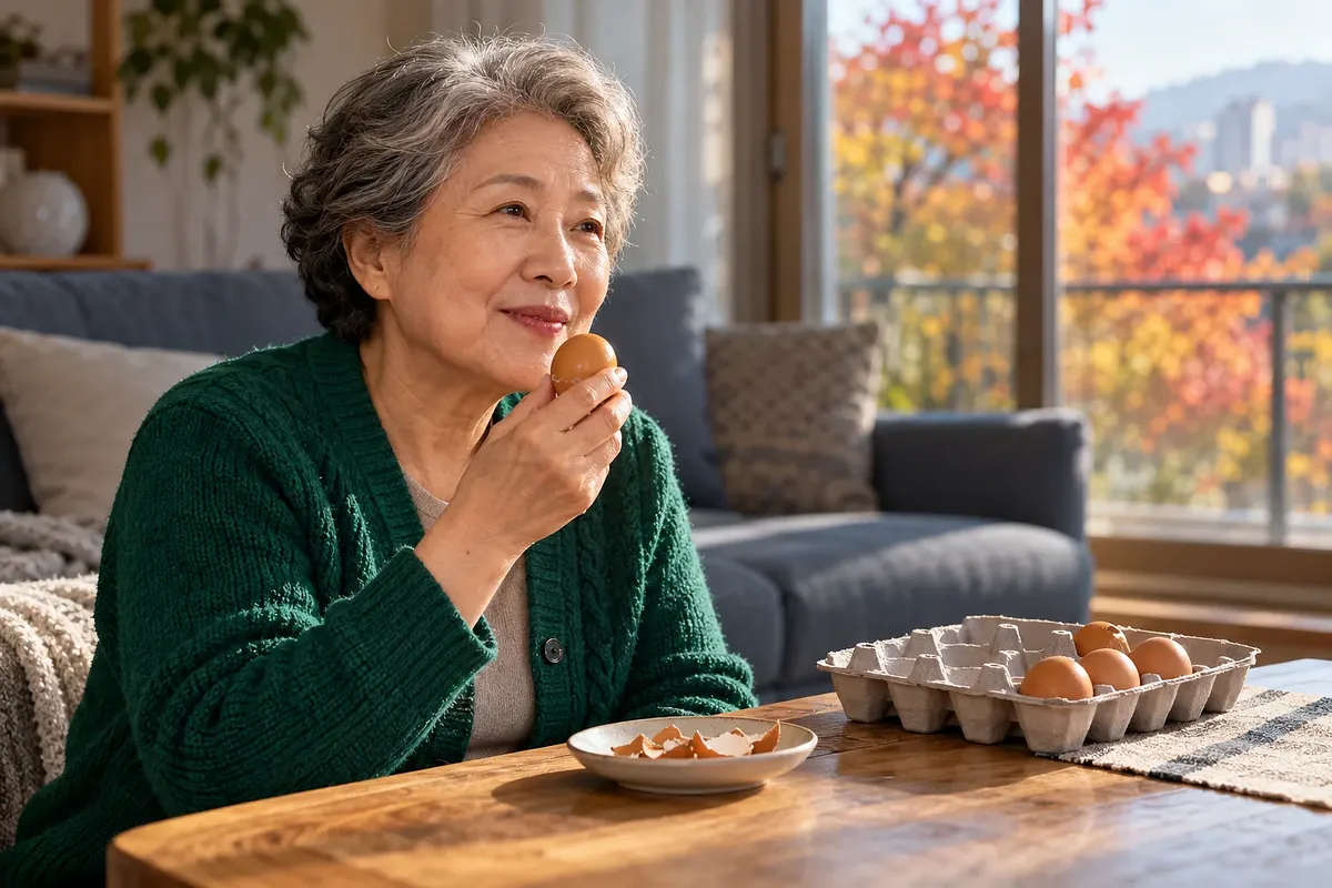 초록색 카디건을 입은 여성이 구운란을 들고 미소 짓고 있다. 앞에는 달걀 껍데기가 담긴 접시와 달걀판이 놓여 있다.