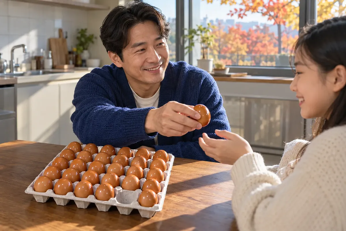 주방 식탁에서 아버지가 딸에게 구운계란을 건네고, 앞에는 구운계란이 담긴 판이 놓여 있다.
