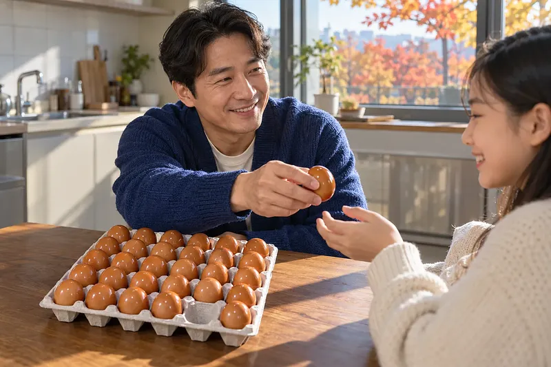 Un padre ofrece a su hija un huevo asado en la mesa de la cocina, junto a una bandeja de huevos marrones.