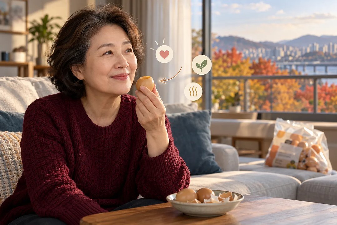 거실 소파에서 구운계란을 들고 미소 짓는 여성, 탁자 위 계란과 껍데기