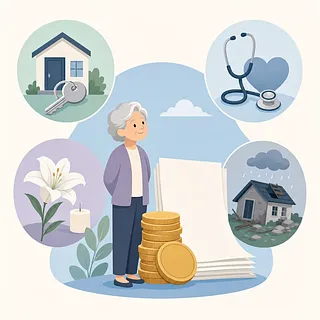 Mujer mayor junto a monedas y documentos con iconos de vivienda, salud, funeral y desastre