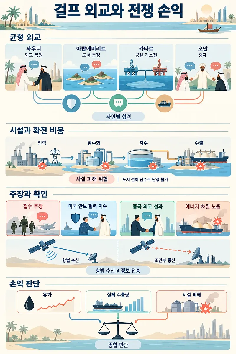 Infografía sobre diplomacia del Golfo, riesgos de infraestructura, comunicación satelital, petróleo y exportaciones
