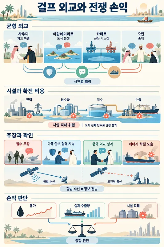 걸프 국가별 외교, 기반 시설 위험, 위성 통신, 유가·수출량·시설 피해를 정리한 인포그래픽