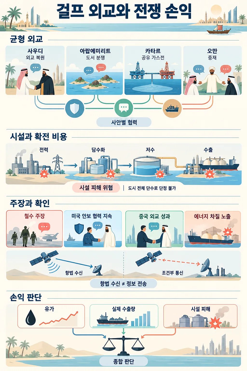 걸프 국가별 외교, 기반 시설 위험, 위성 통신, 유가·수출량·시설 피해를 정리한 인포그래픽