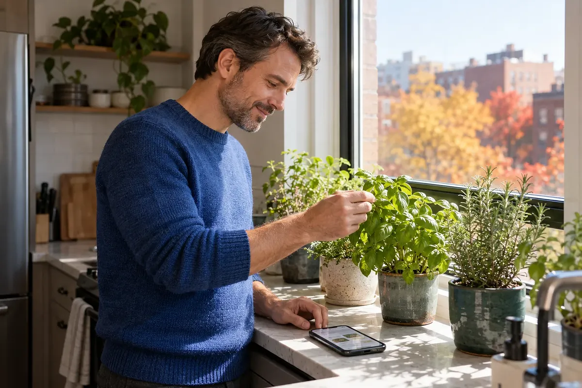 A man tends herbs by a kitchen window, with a phone lying beside the pots.