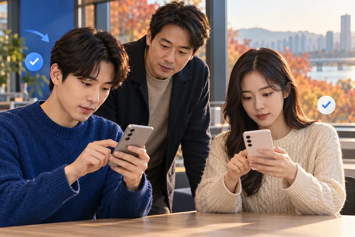 A man watches as two adults use their own phones.