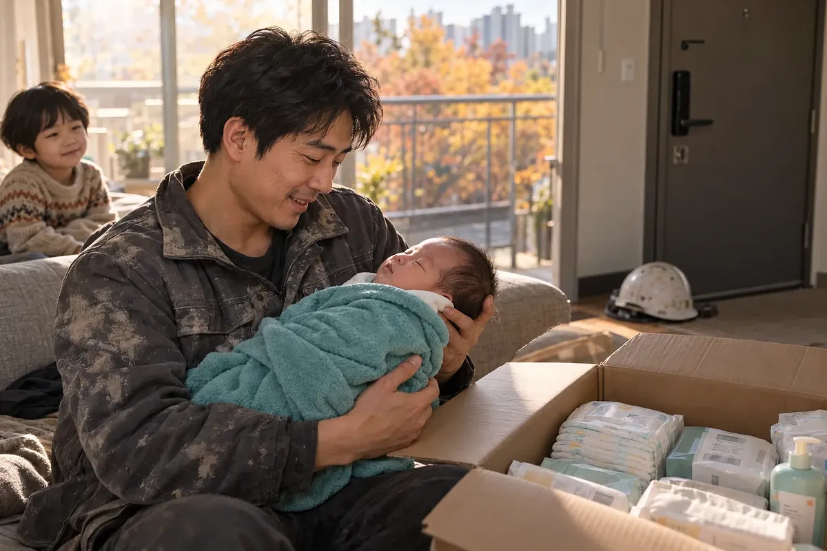 作業着姿の父親が新生児を抱き、そばには育児用品の箱と上の子がいる。