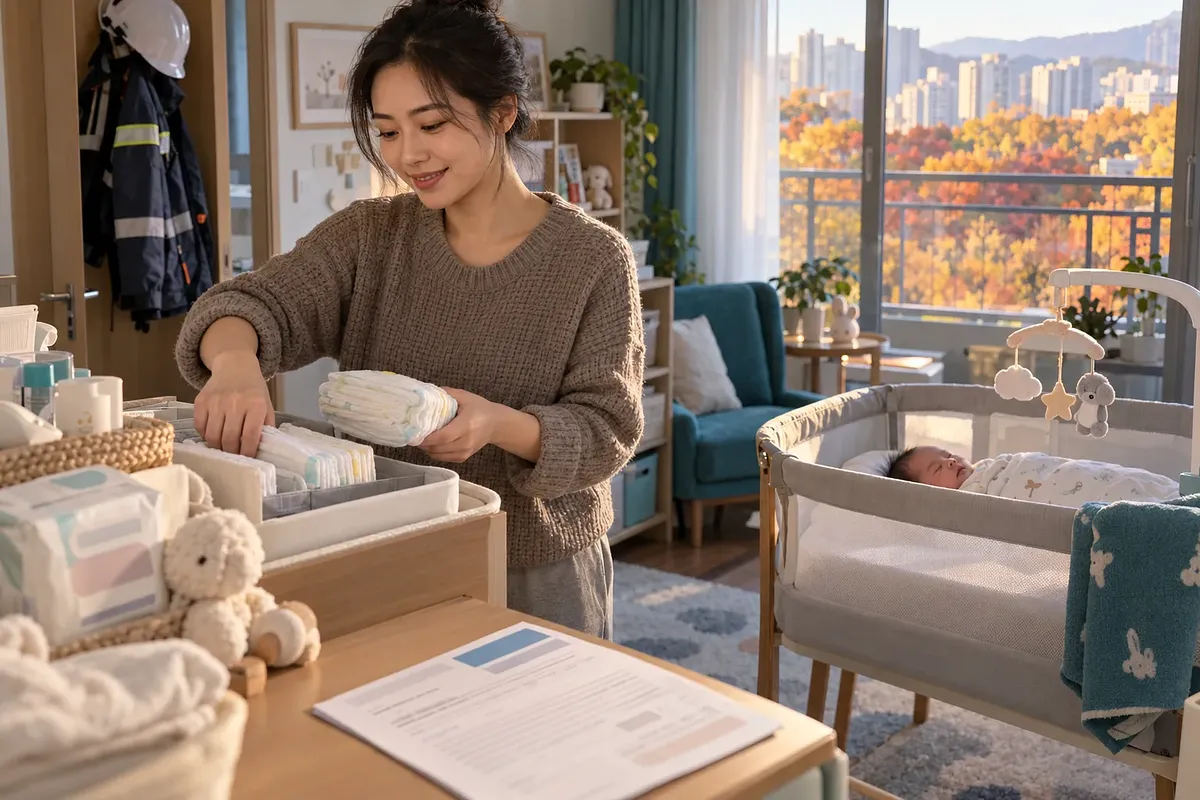 眠る新生児のそばでおむつを整理する母親。ドア脇に作業着、たんすの上に書類がある。