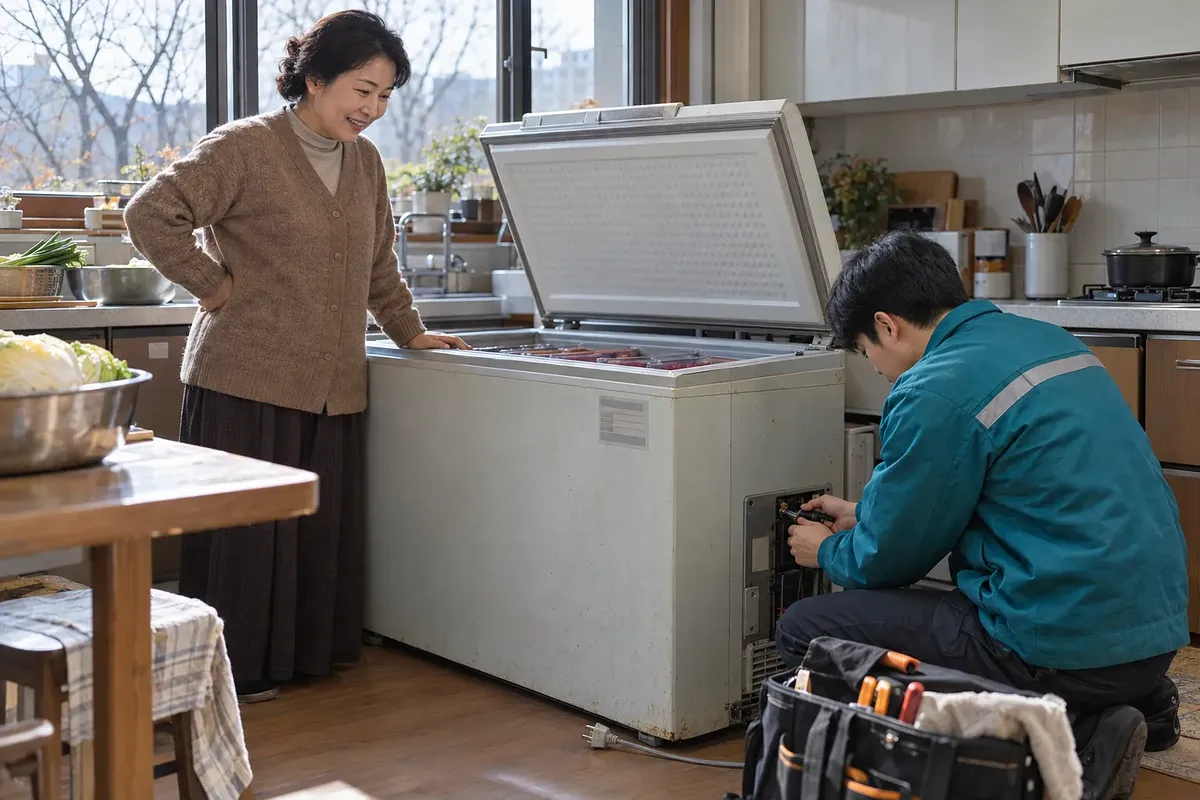 A technician inspects the side of an unplugged, open chest-style kimchi refrigerator while a woman watches in her kitchen.