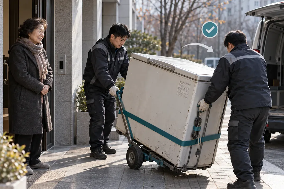 集合住宅の玄関先で、作業員2人が古い上開き式キムチ冷蔵庫を台車で運び、住人が見守っている。