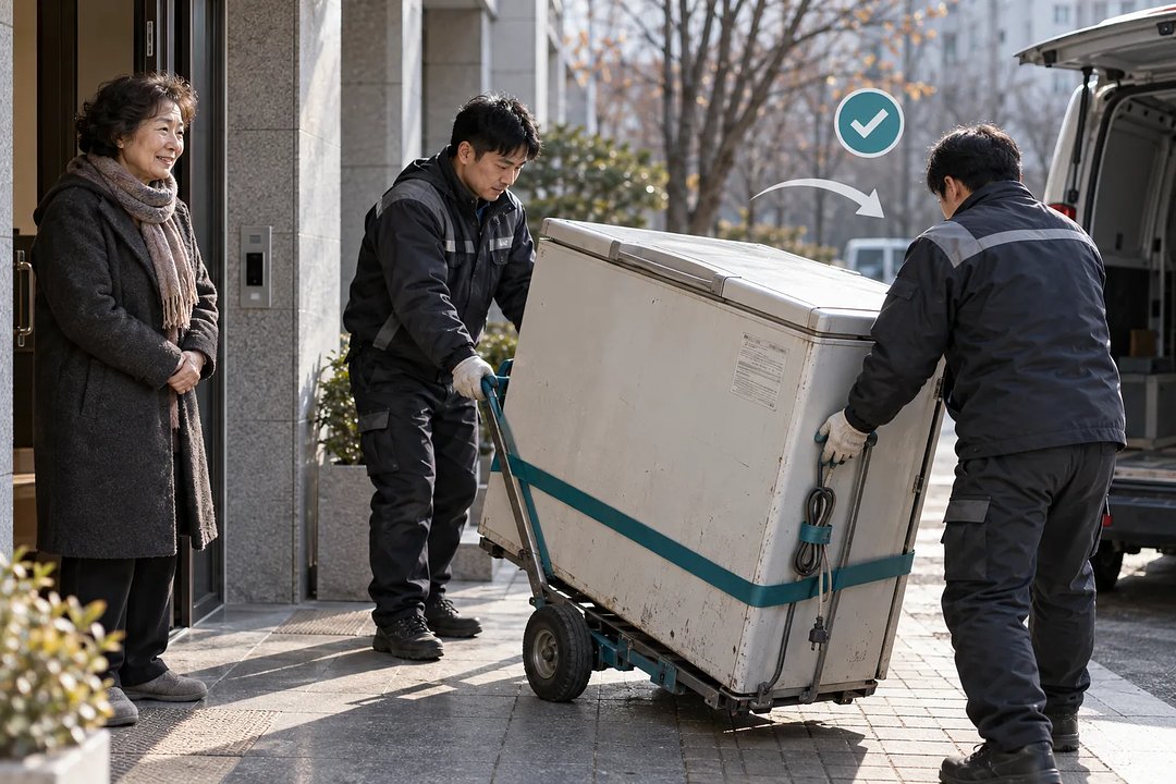 아파트 입구에서 작업자 두 명이 오래된 뚜껑형 김치냉장고를 손수레에 실어 옮기고, 주민이 지켜본다.
