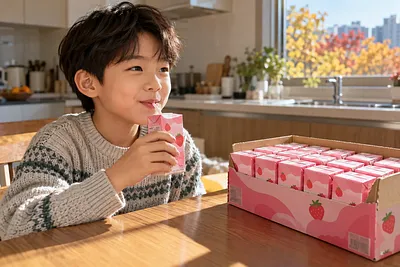キッチンの食卓で少年がストローでいちごミルクを飲み、隣に同じ商品が入った開封済みの箱がある。