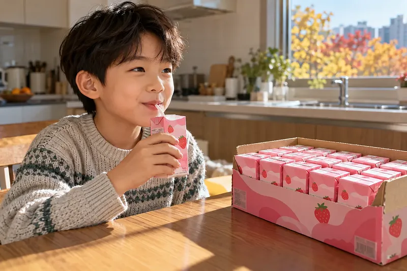 キッチンの食卓で少年がストローでいちごミルクを飲み、隣に同じ商品が入った開封済みの箱がある。