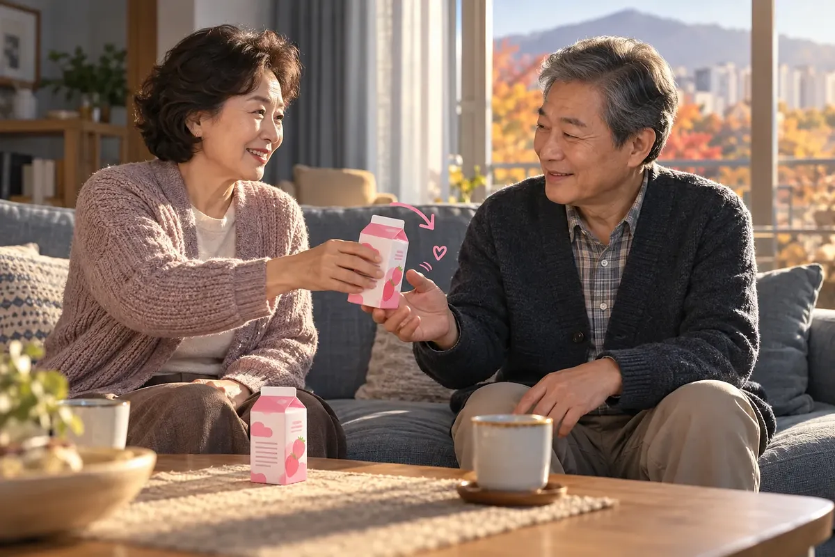 거실에서 여성이 남성에게 딸기우유 팩을 건네고, 탁자 위에도 같은 팩이 놓여 있다.