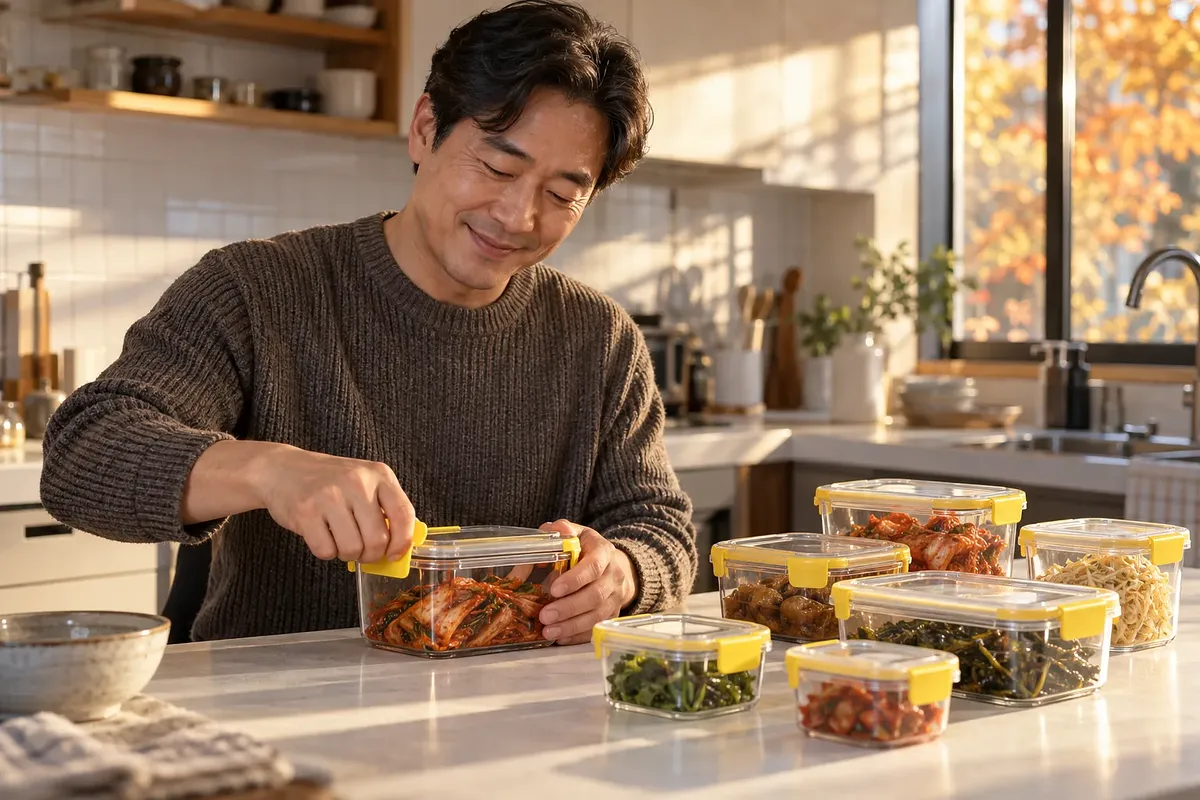 A man closes a yellow clip on a clear container of side dishes, with six more filled containers nearby.