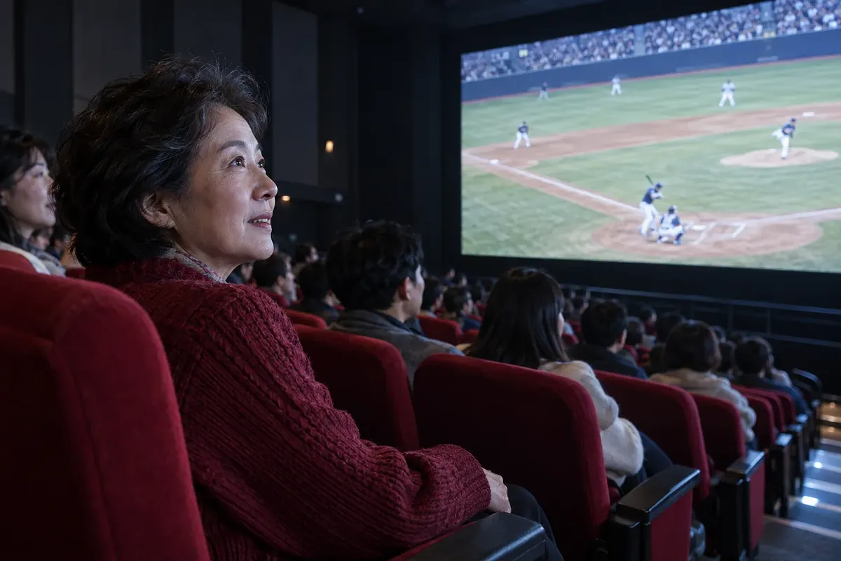 A woman in a red knit cardigan watches baseball on a cinema screen.