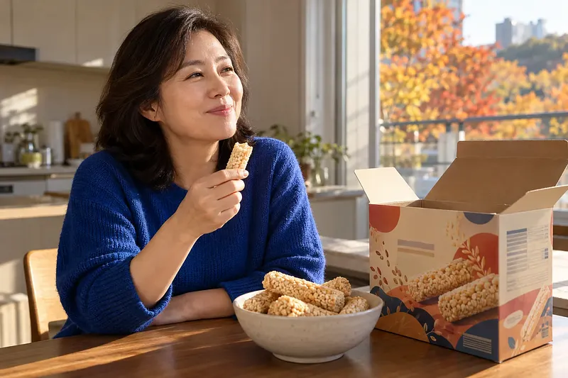 Una mujer sonríe con un rollito de cereales en la mano, junto a un cuenco de rollitos y una caja abierta.