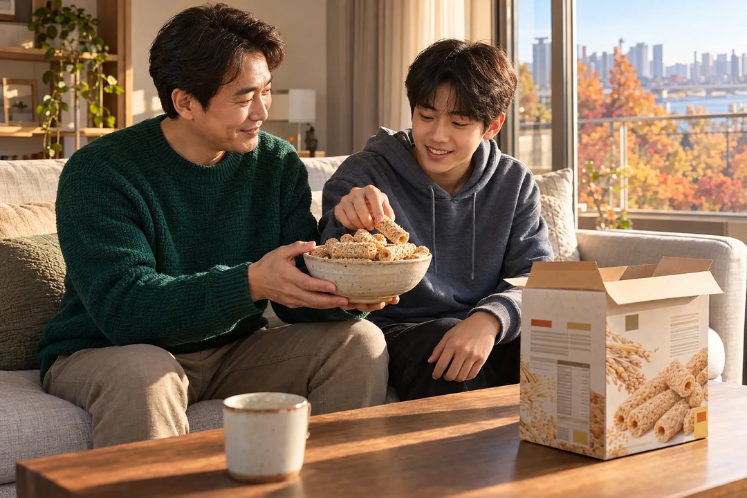 거실에서 아버지가 곡물 크리스피롤이 담긴 그릇을 들고 있고, 아들이 하나를 집는다.