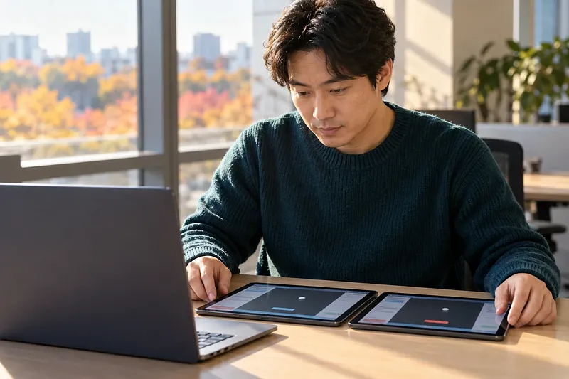 ノートパソコンの横で、ボールとパドルのテスト画面を表示した2台のタブレットを見比べる開発者