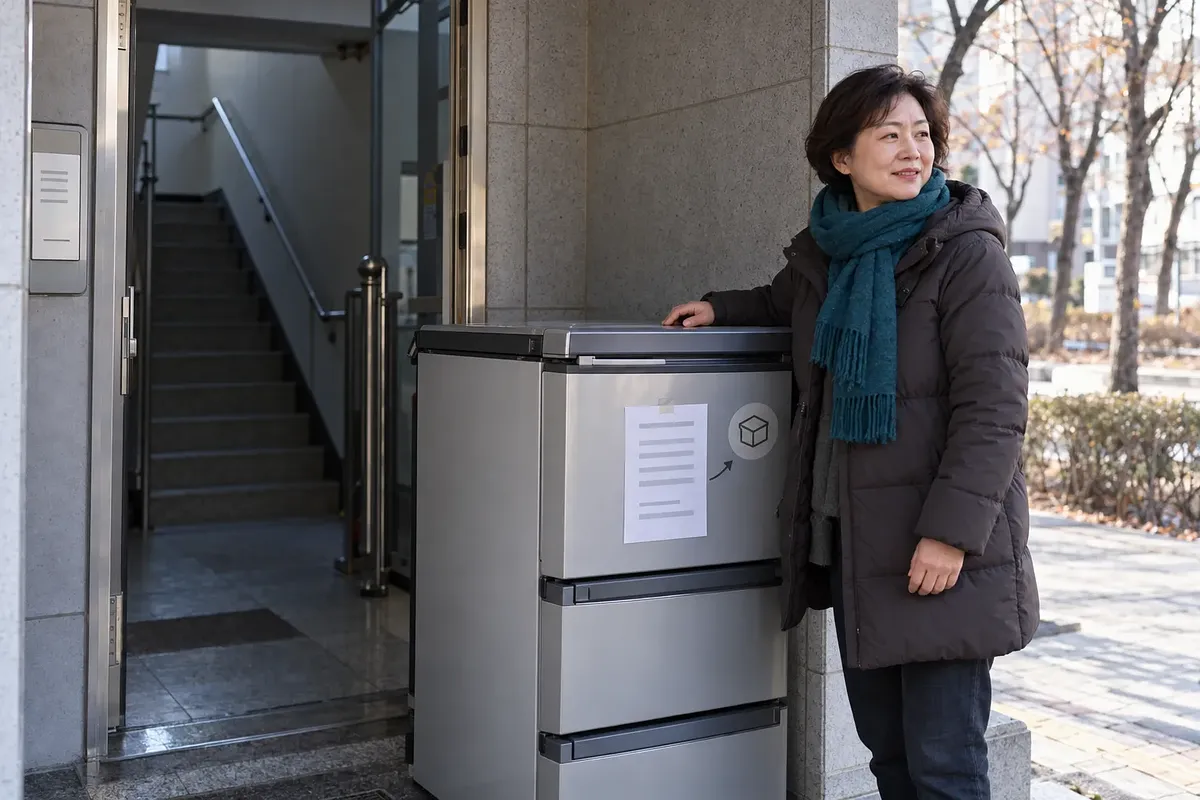 Una mujer con abrigo y bufanda está junto a un refrigerador para kimchi en la entrada de un edificio, con escaleras al fondo.