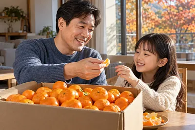 상자 가득 담긴 작은 감귤 앞에서 아버지가 딸에게 껍질을 벗긴 감귤 한 쪽을 건넨다.