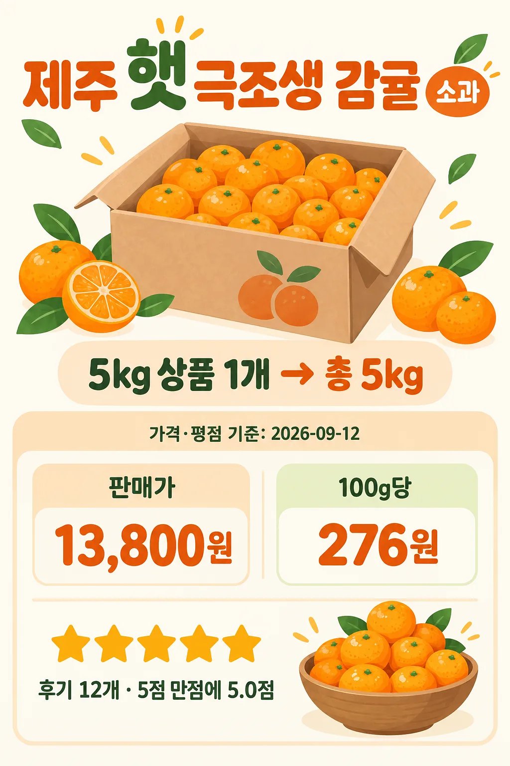 감귤 상자와 5kg 구성, 판매가 13,800원, 100g당 276원, 별점 5점을 표시한 인포그래픽