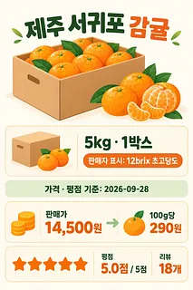 제주 서귀포 감귤 상자와 5kg 1박스, 판매가 14,500원, 100g당 290원, 평점 5.0점이 표시된 인포그래픽
