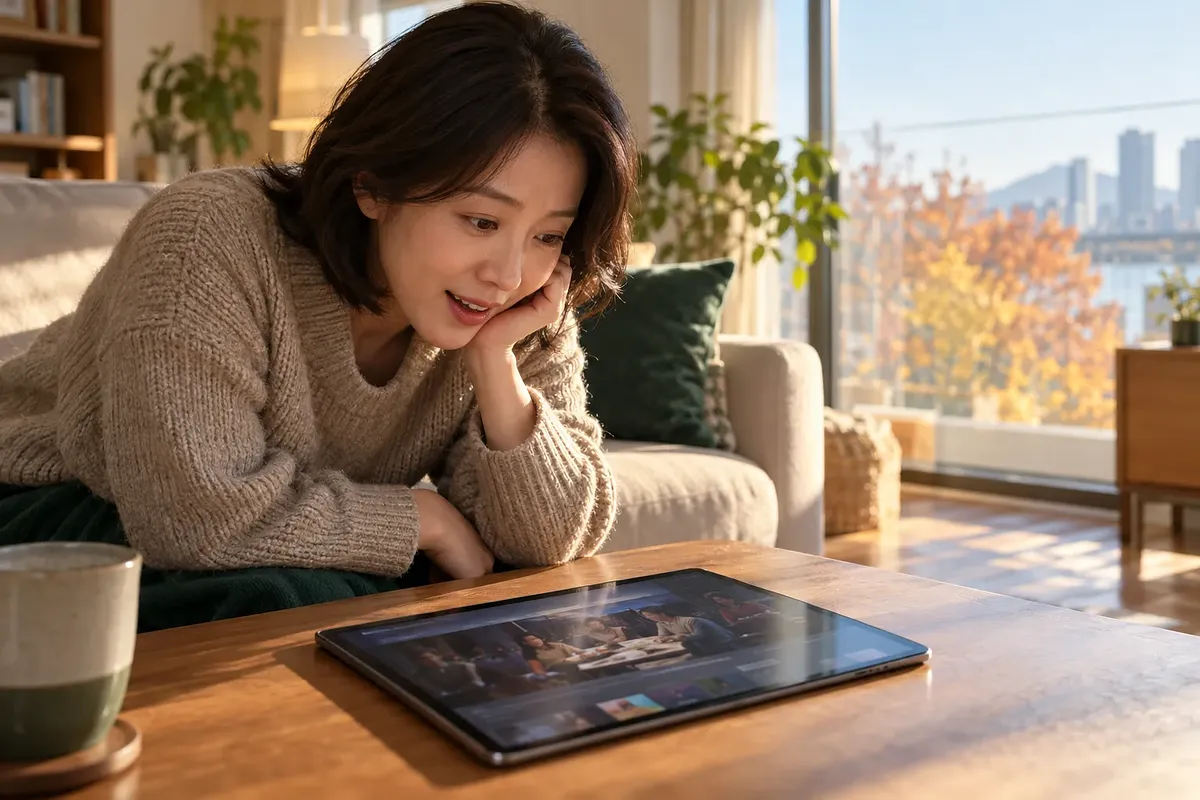 リビングで女性が、パズルを囲む人々が映るテーブル上のタブレットをのぞき込む。