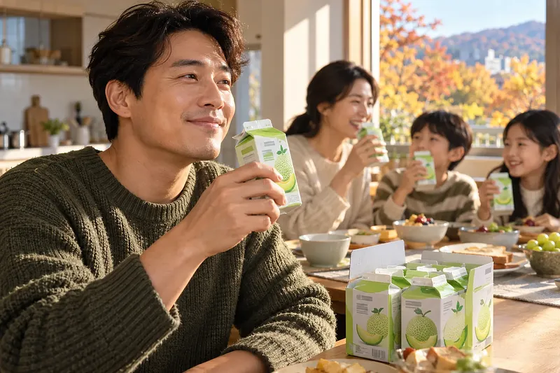 가을 햇살이 드는 주방에서 아버지가 멜론 우유를 들고 미소 짓고, 가족도 함께 마신다.