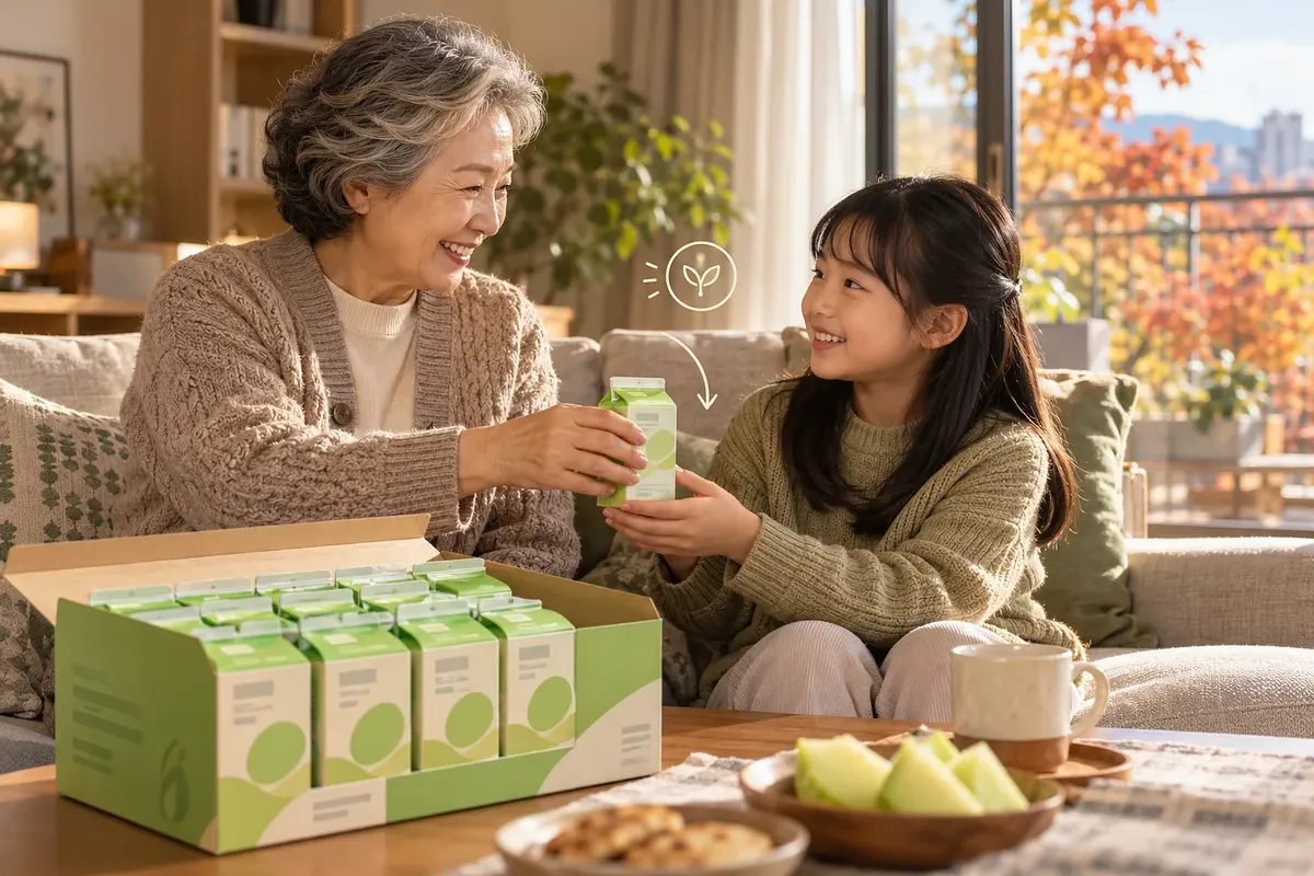 Una abuela entrega a su nieta un cartón de leche verde junto a una caja abierta con más unidades