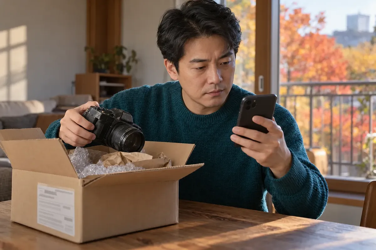 A man lifts a camera from an open shipping box while checking his phone.