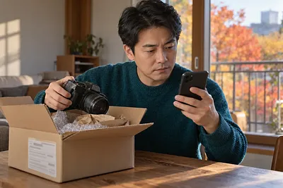 남성이 열린 택배 상자에서 카메라를 꺼내며 휴대전화를 확인한다.