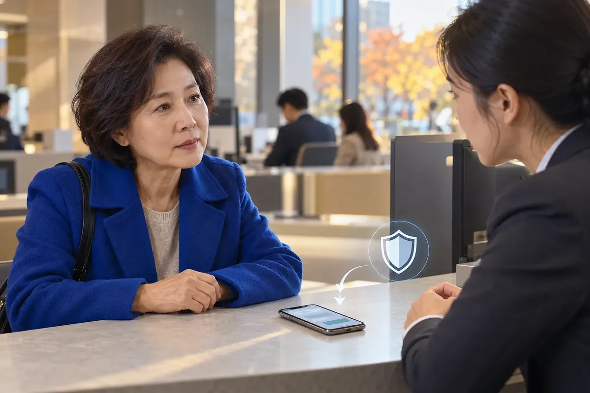 銀行の窓口で、スマートフォンを挟んで職員と話す青いコートの女性