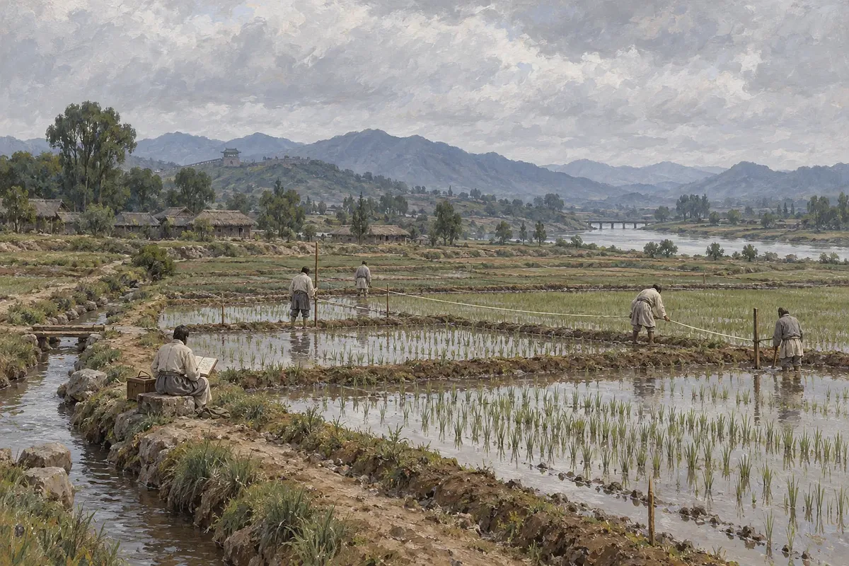 Agrimensores miden los lindes de arrozales con cuerdas y estacas mientras un escribiente consulta un registro.