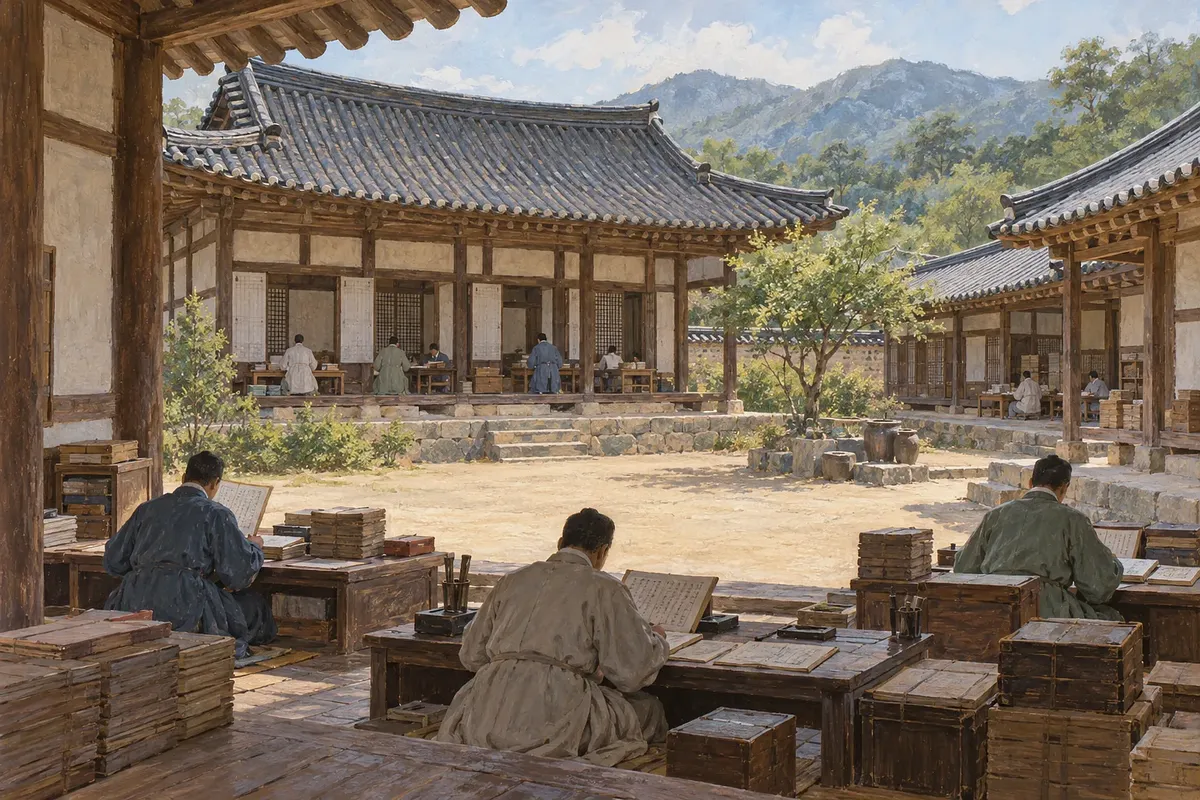 한옥 관청의 넓은 마당을 사이에 두고 낮은 책상에서 장부를 살피는 관리들